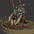Blue Skinned Armored Game Character With Bow Claws Bones And Spikes On Stone Pedestal