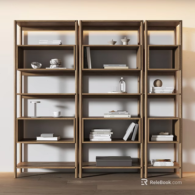 Modern Wooden Bookshelf Interior Design With Open Shelves Books And Decorative Items 3d model 