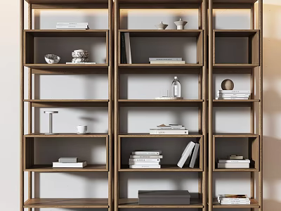 Modern Wooden Bookshelf Interior Design With Open Shelves Books And Decorative Items 3d model