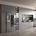 Modern Sleek Kitchen Interior With Gray Buffet Cabinet Glass Doors And Potted Plant