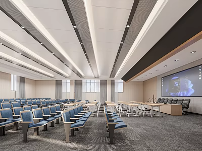 Modern Spacious Conference Room With Blue Seats Large Screen And Ceiling Design 3d model