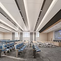 Modern Spacious Conference Room With Blue Seats Large Screen And Ceiling Design