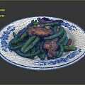 Stir Fried Green Beans with Bacon and Red Chili Peppers on Blue White Patterned Plate