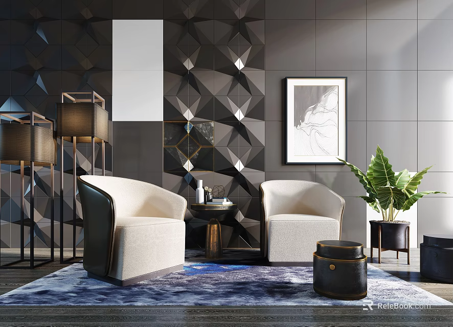 Modern Leisure Sofa Set with Two Beige Chairs Geometric Backdrop and Green Plant 3d model 