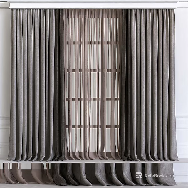 Modern Gray Curtains With Sheer Layers And Elegant Drapery Design 3d model 