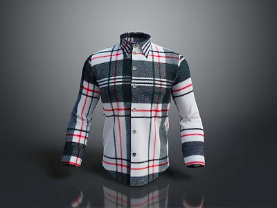 Long Sleeve Plaid Shirt With White Black Red Check Pattern Collared Design And Button Front 3d model
