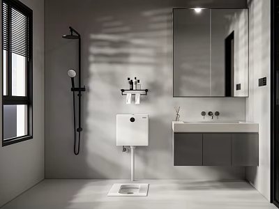 Modern Bathroom Vanity Design With Wall Mounted Sink Mirror And Window Blinds 3d model
