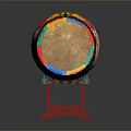 Colorful Traditional Drum With Red Stand And Dragon Patterns On Brown Head