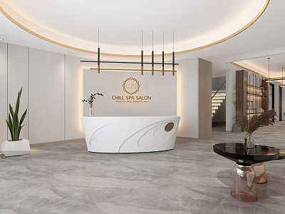 Modern Spa Salon White Reception Desk Design With Marble Floor Wall Logo Plants Hanging Lights 3d model