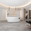 Modern Spa Salon White Reception Desk Design With Marble Floor Wall Logo Plants Hanging Lights