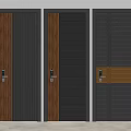 Three Modern Swing Doors Featuring Wooden Panels Dark Frames And Decorative Strips 3d model