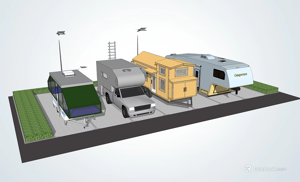 Different Types of RVs Parked in Outdoor Area With Street Lights and Grass 3d model 