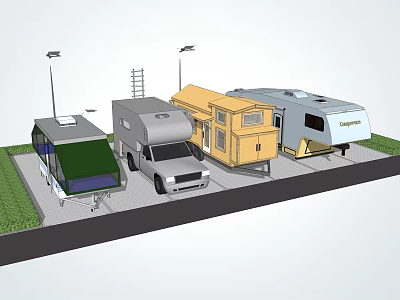 Different Types of RVs Parked in Outdoor Area With Street Lights and Grass 3d model