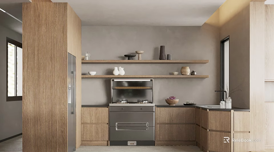 Modern Kitchen Interior With Wooden Cabinets Gray Walls Shelves Stainless Steel Stove And Sink 3d model 