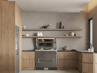 Modern Kitchen Interior With Wooden Cabinets Gray Walls Shelves Stainless Steel Stove And Sink 3d model