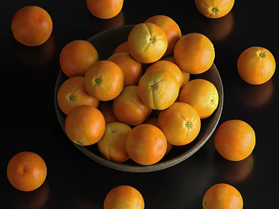 Fresh Oranges In A Bowl And Scattered On Black Background 3d model