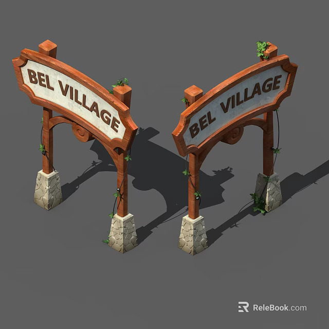 Bel Village Entrance Gate with Wooden Sign Stone Base and Climbing Vines 3d model 