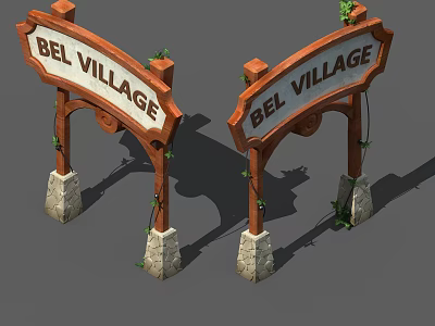 Bel Village Entrance Gate with Wooden Sign Stone Base and Climbing Vines 3d model