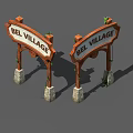 Bel Village Entrance Gate with Wooden Sign Stone Base and Climbing Vines