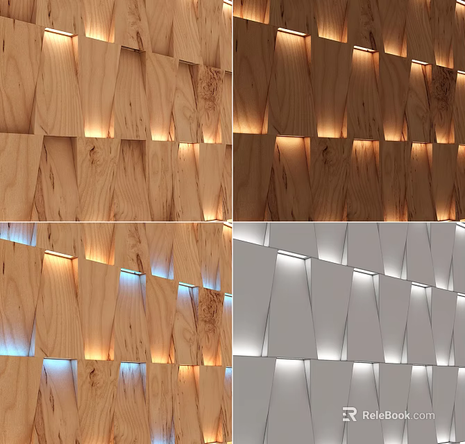 Modern Wooden Paneled Wall Design Featuring LED Lighting Strips And Color Tones 3d model 