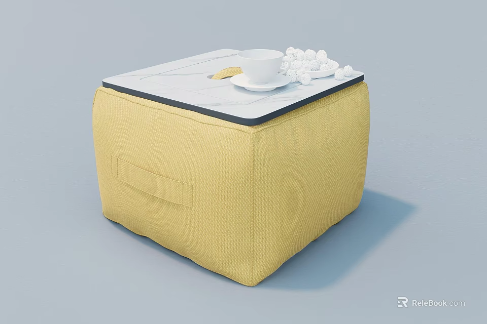 Modern Yellow Square Coffee Table With White Top Cup And Decorative Balls 3d model 