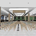 Spacious Dining Hall Interior With Wooden Pillars Grid Ceiling Tables Chairs And Bright Lighting 3d model