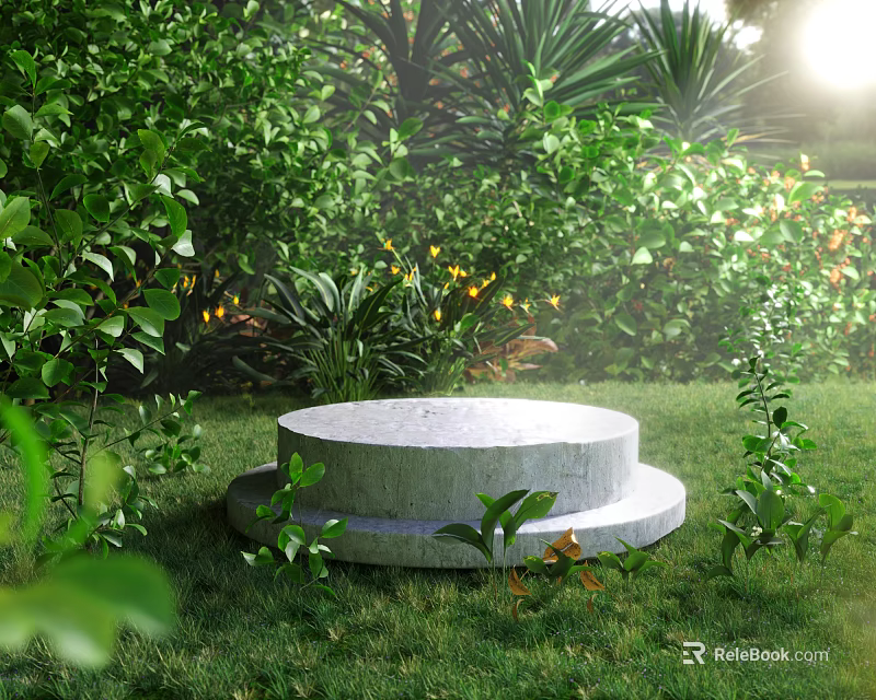 Lush Green Scenic Landscape With Circular Stone Platform On Lawn And Sunlight Through Leaves 3d model 