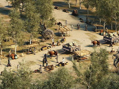 Vibrant Ancient Market Scene With Stalls Wagons Crowd And Green Trees Around 3d model