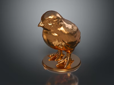 Golden Baby Chick Sculpture With Metallic Sheen On Circular Base Dark Background 3d model