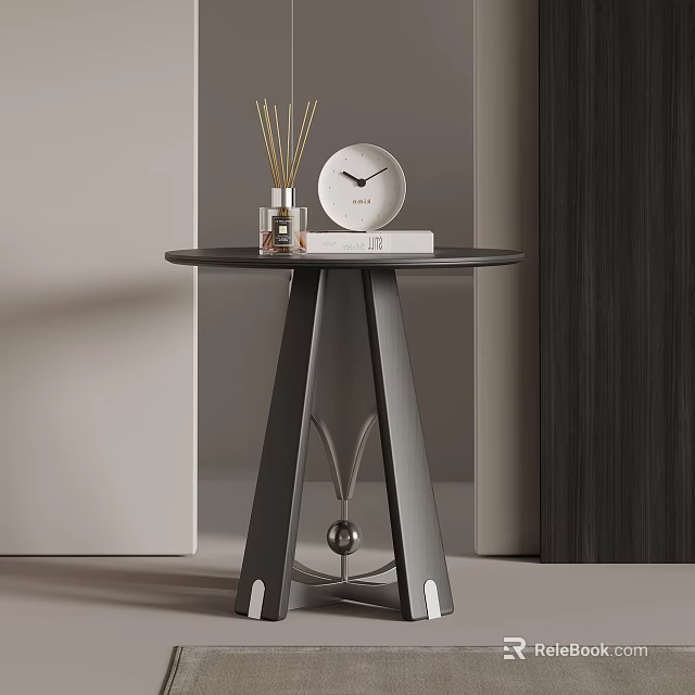 Modern Gray Side Table With Round Top Geometric Base And Reed Diffuser Clock Book 3d model 