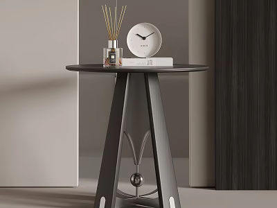 Modern Gray Side Table With Round Top Geometric Base And Reed Diffuser Clock Book 3d model