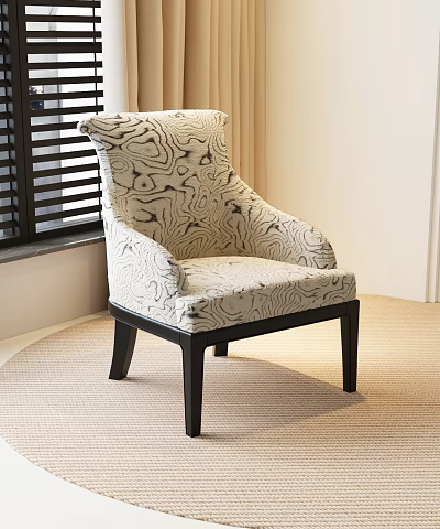 Modern Accent Chair With Patterned Fabric And Dark Wooden Legs By Window With Blinds 3d model