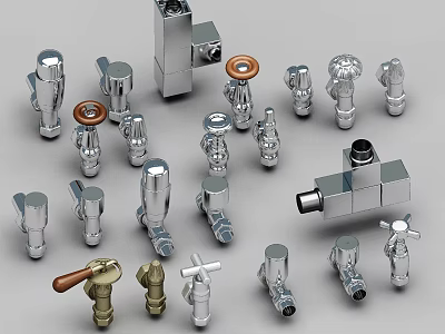 Chrome And Brass Plumbing Fixtures With Various Valves Handles And Designs 3d model
