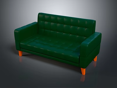 Green Leather Multi Seater Sofa With Tufted Design And Orange Wooden Legs 3d model