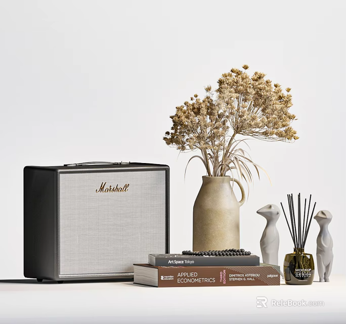 Decorative Ornament Set with Marshall Speaker Dried Flowers Vase Books Cat Figurines and Diffuser 3d model 