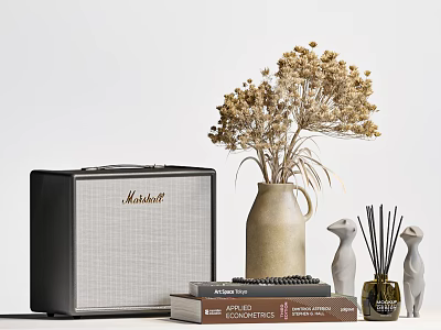 Decorative Ornament Set with Marshall Speaker Dried Flowers Vase Books Cat Figurines and Diffuser 3d model