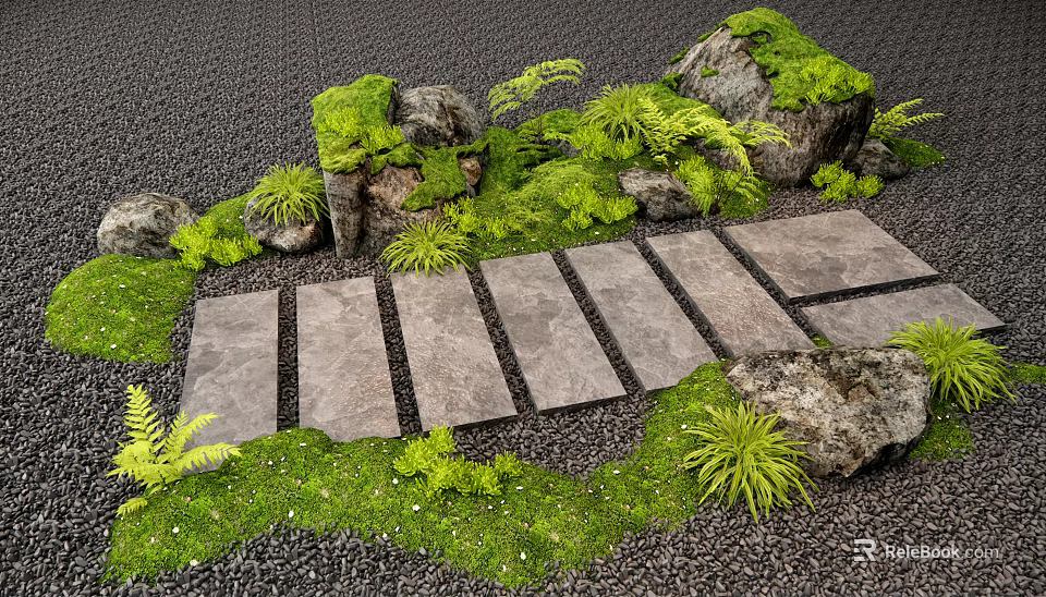 Garden Courtyard Design Featuring Stone Path Rocks Moss Covered Boulders and Lush Ferns 3d model 