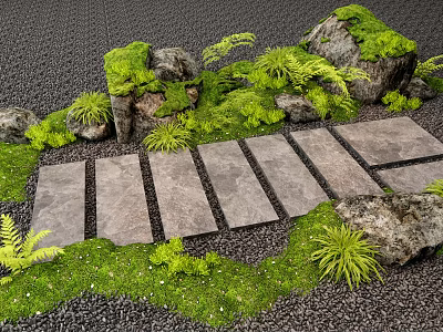 Garden Courtyard Design Featuring Stone Path Rocks Moss Covered Boulders and Lush Ferns 3d model