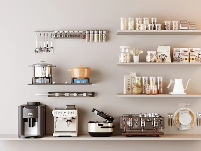 Organized Modern Kitchen Interior With Shelves Holding Coffee Machines Pots And Spice Jars 3d model