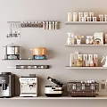 Organized Modern Kitchen Interior With Shelves Holding Coffee Machines Pots And Spice Jars