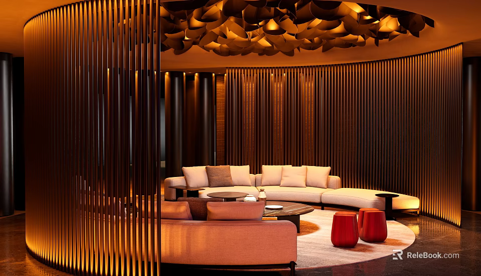 Elegant Modern Club Interior With Wooden Screen Round Sofa Red Stools Chandelier And Warm Lighting 3d model 