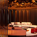 Elegant Modern Club Interior With Wooden Screen Round Sofa Red Stools Chandelier And Warm Lighting