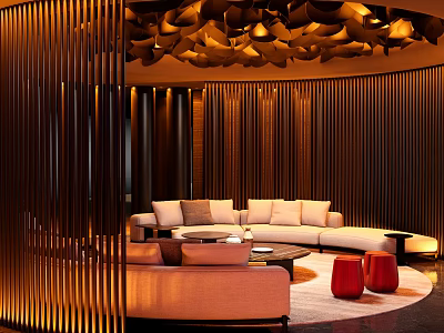 Elegant Modern Club Interior With Wooden Screen Round Sofa Red Stools Chandelier And Warm Lighting 3d model