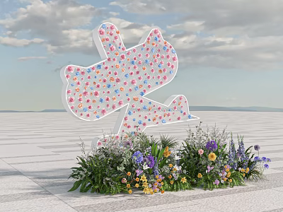 Outdoor Art Installation With Cartoon Dog Shape Colorful Floral Patterns And Surrounding Flowers 3d model