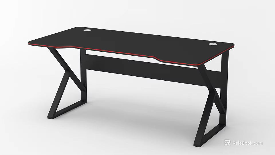 Black Computer Desk With Red Edge X Shaped Legs And Cable Holes 3d model 