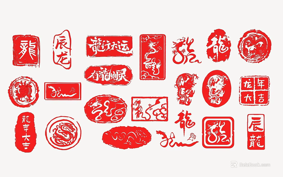 Traditional Chinese Red Wall Decor With Seal Dragon Pattern And Fu Character Artwork 3d model 