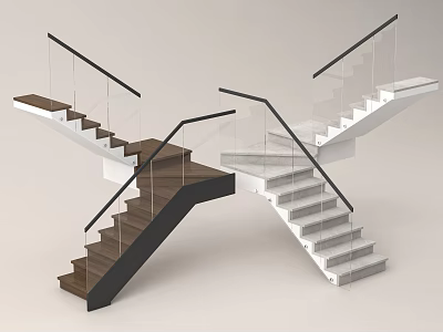 Modern Intersecting Staircase Design With Wooden Steps Glass Railings And Metal Frame 3d model