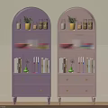 Purple and Pink Bookcases with Multiple Shelves Jars Plants Bowls Books and Gold Handle Drawers