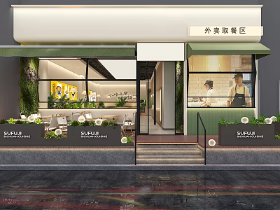 Modern Restaurant Exterior With Takeout Pickup Area Green Plants Glass Windows And Indoor Seating 3d model