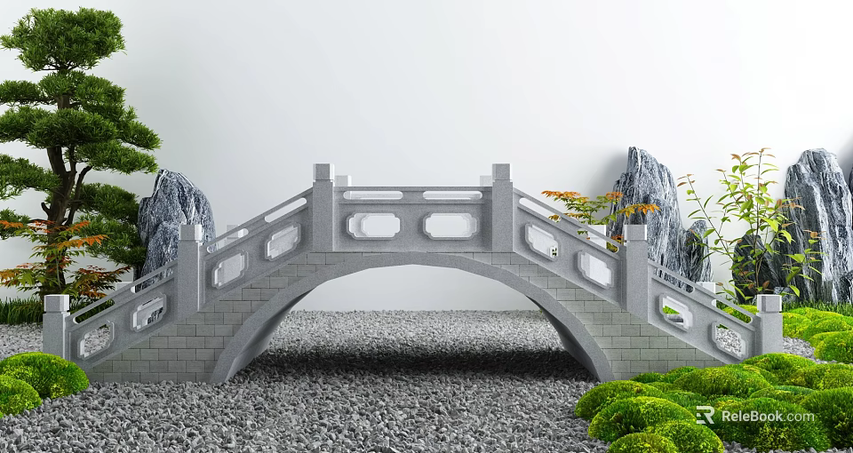 Stone Arch Landscape Bridge With Openwork Railings Rockery Green Plants And Gravel Ground 3d model 